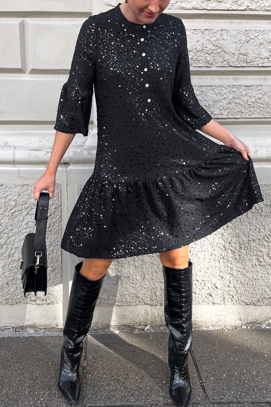 Verona Short Dress - Black Sequins